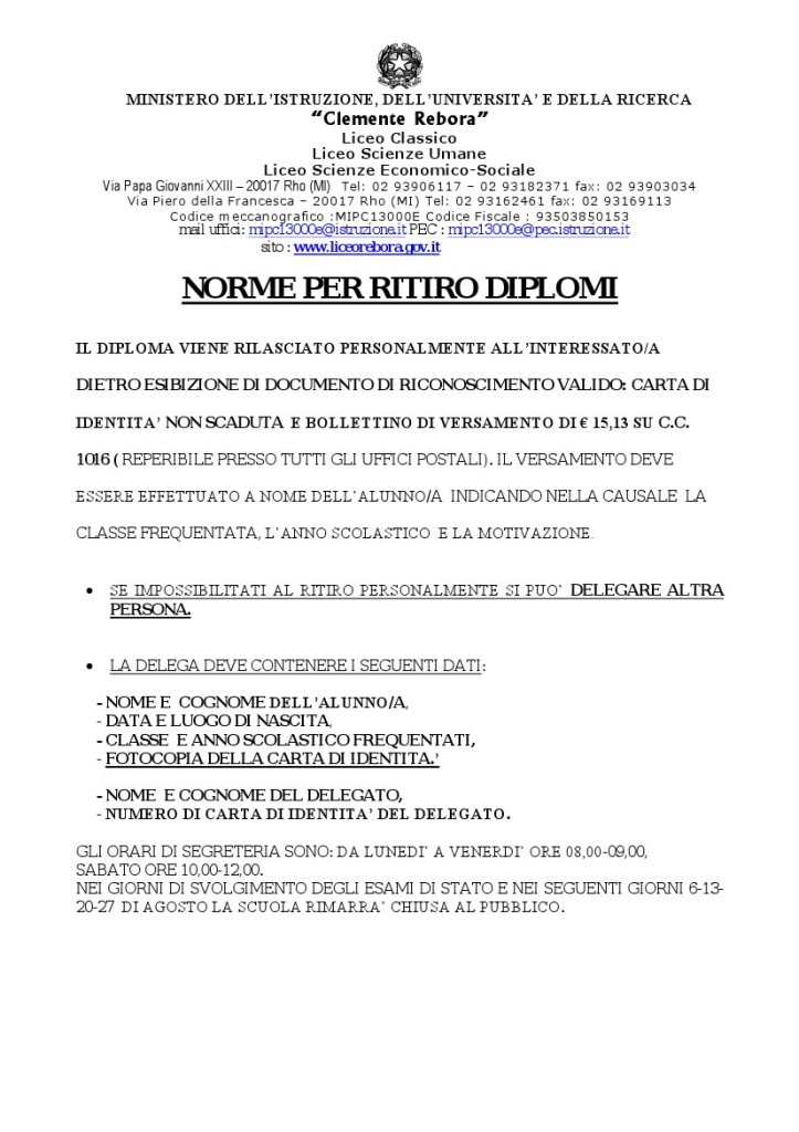 NORME PER RITIRO DIPLOMA